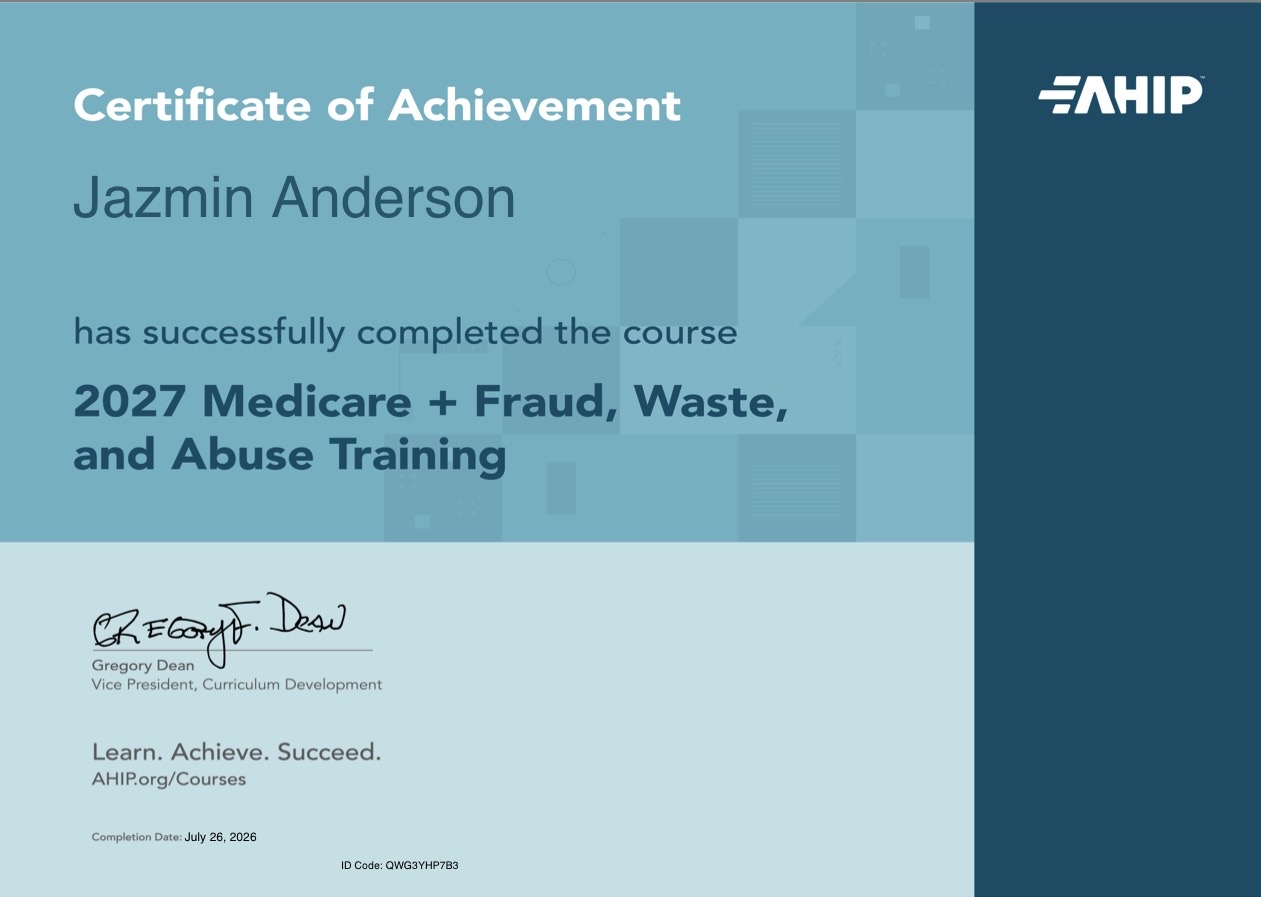 AHIIP certificate for Jazmin Anderson
