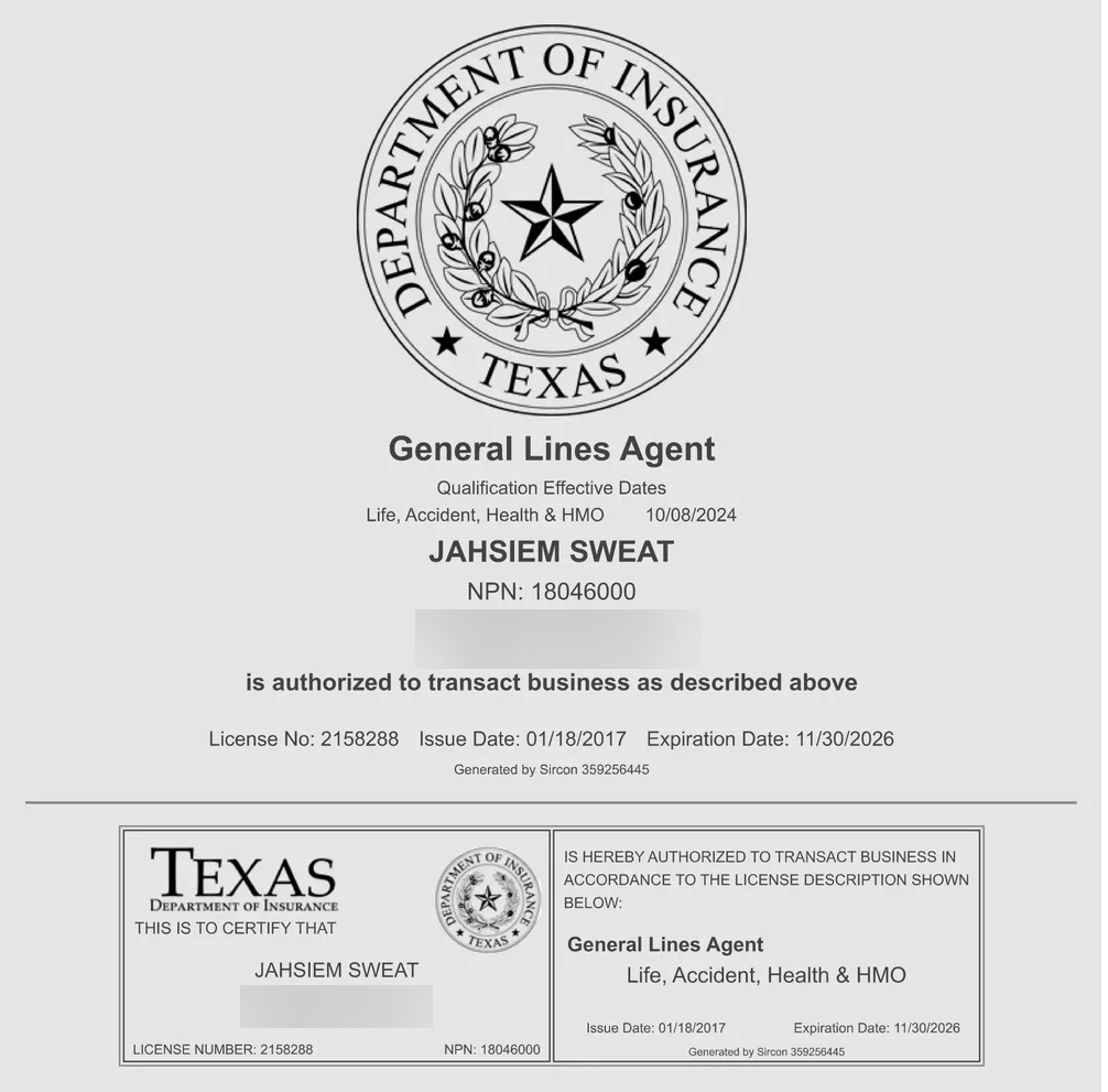 TX State License certificate for Jahsiem "Jay" Sweat
