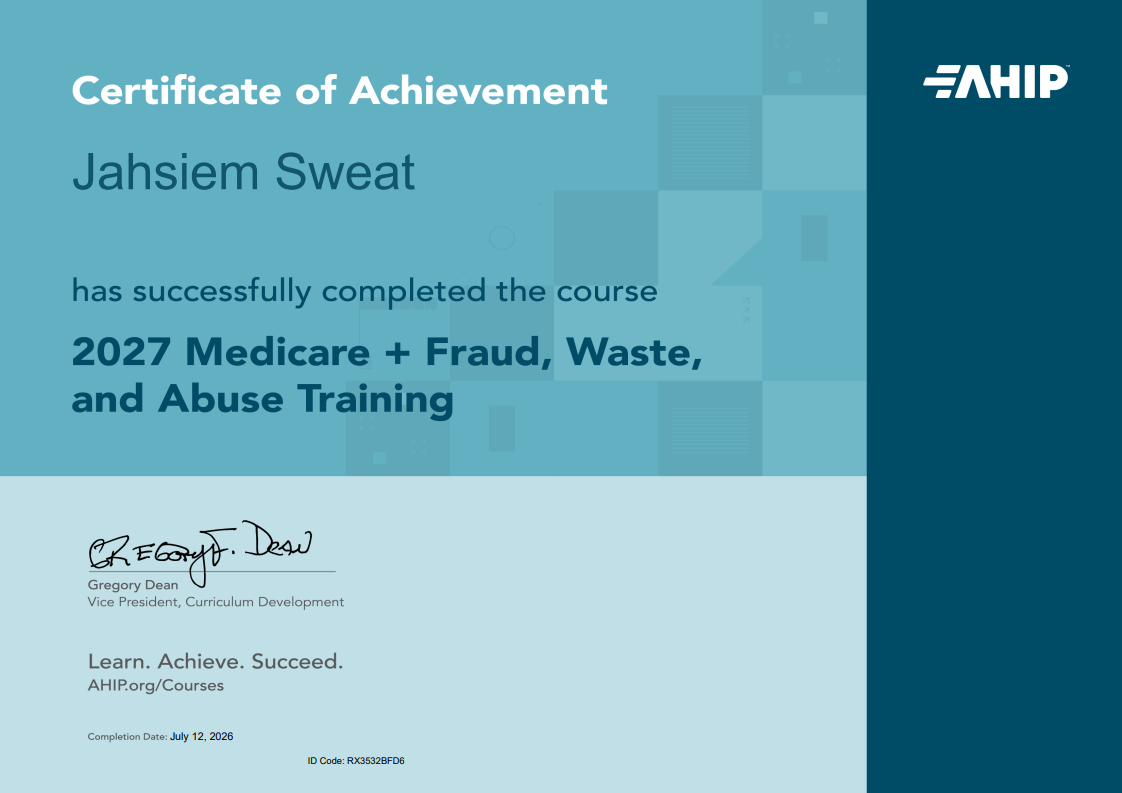 2027 AHIP Certification certificate for Jahsiem "Jay" Sweat